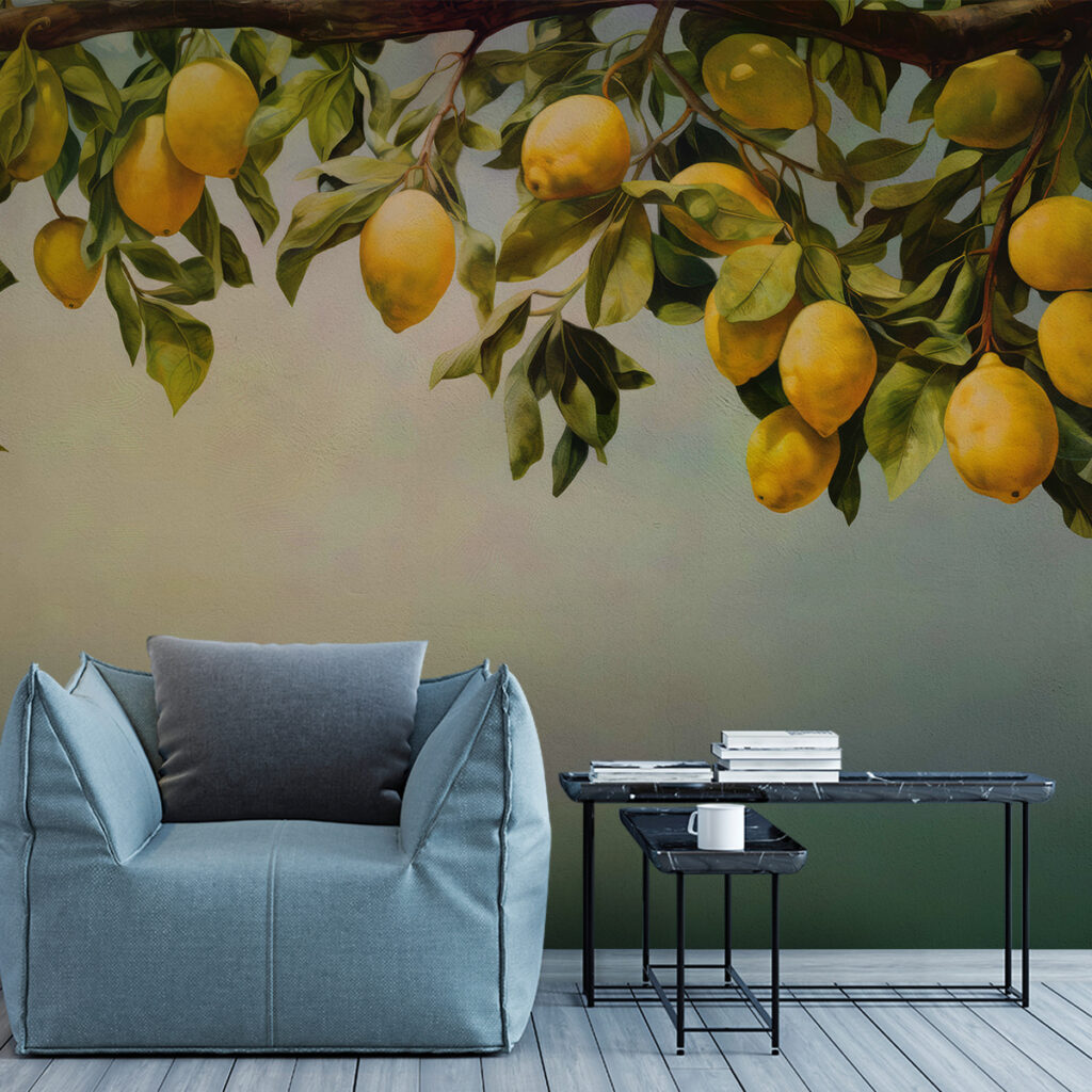 A painting of lemons on a tree branch A painting of lemons on a tree branch