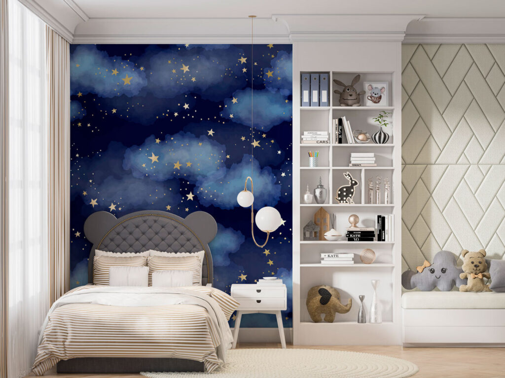 A blue sky with clouds and stars