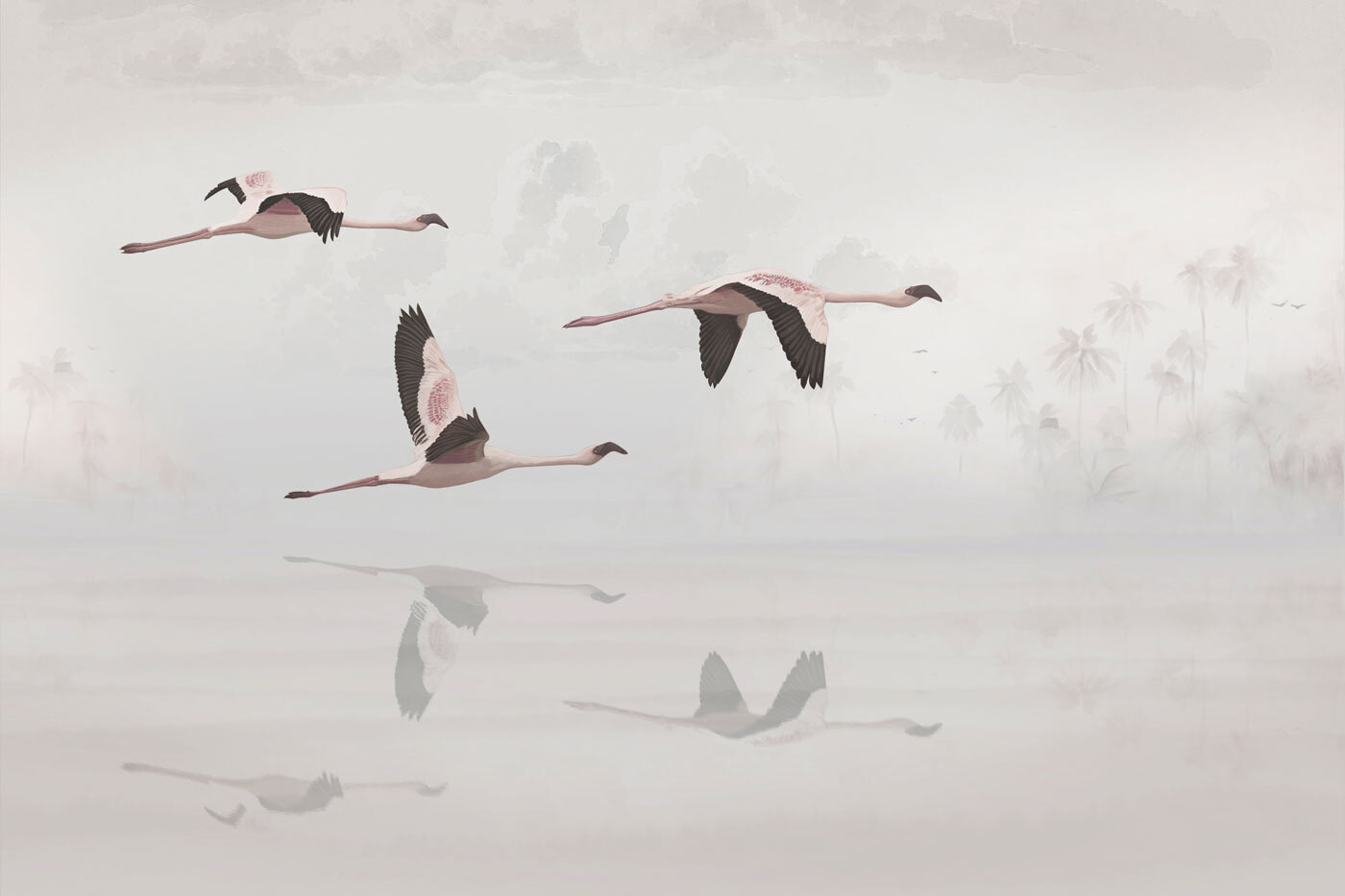 A group of flamingos flying over water A group of flamingos flying over water