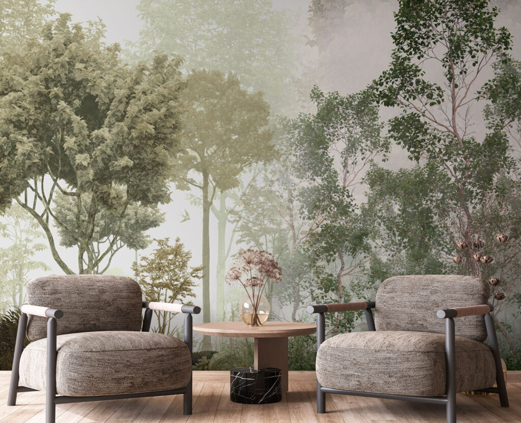 A group of trees in a foggy forest