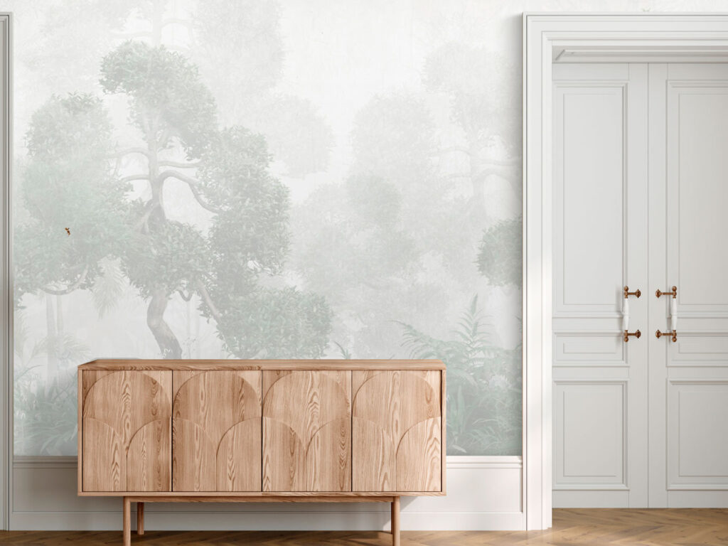 A foggy forest with trees and ferns