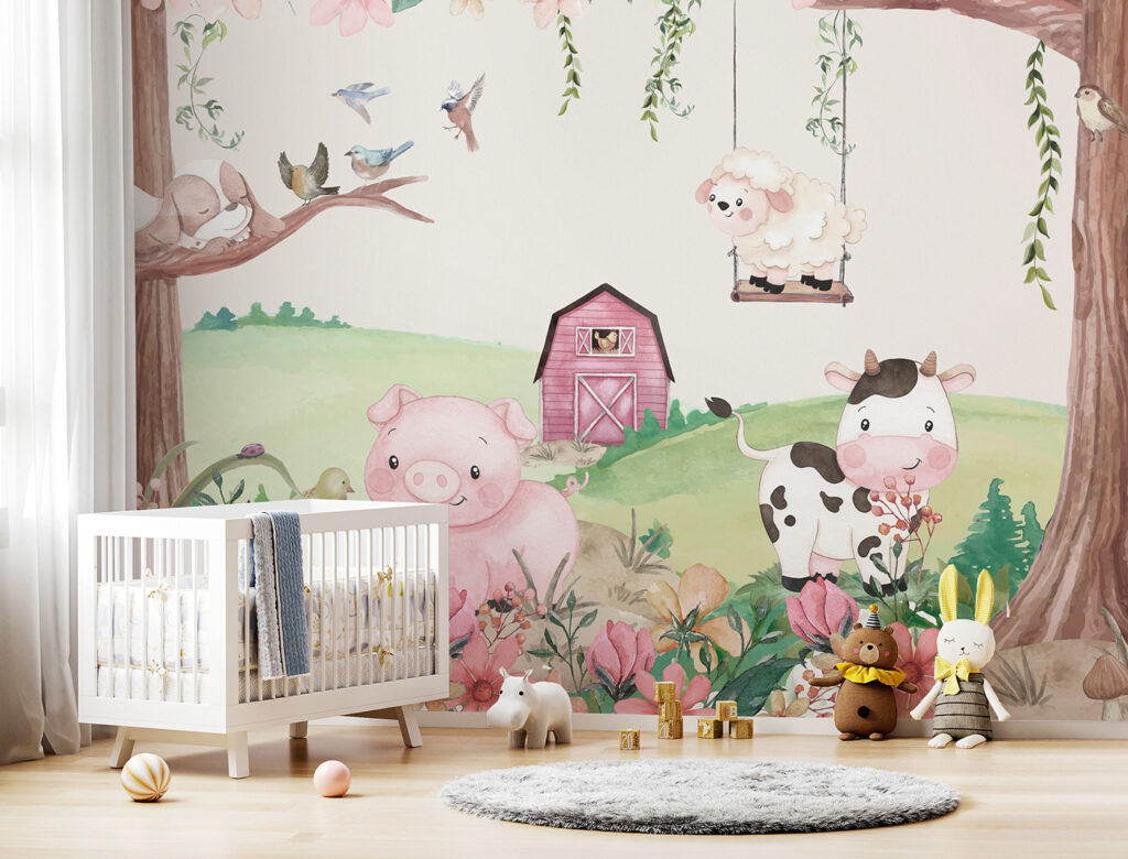 A watercolor painting of animals in a farm