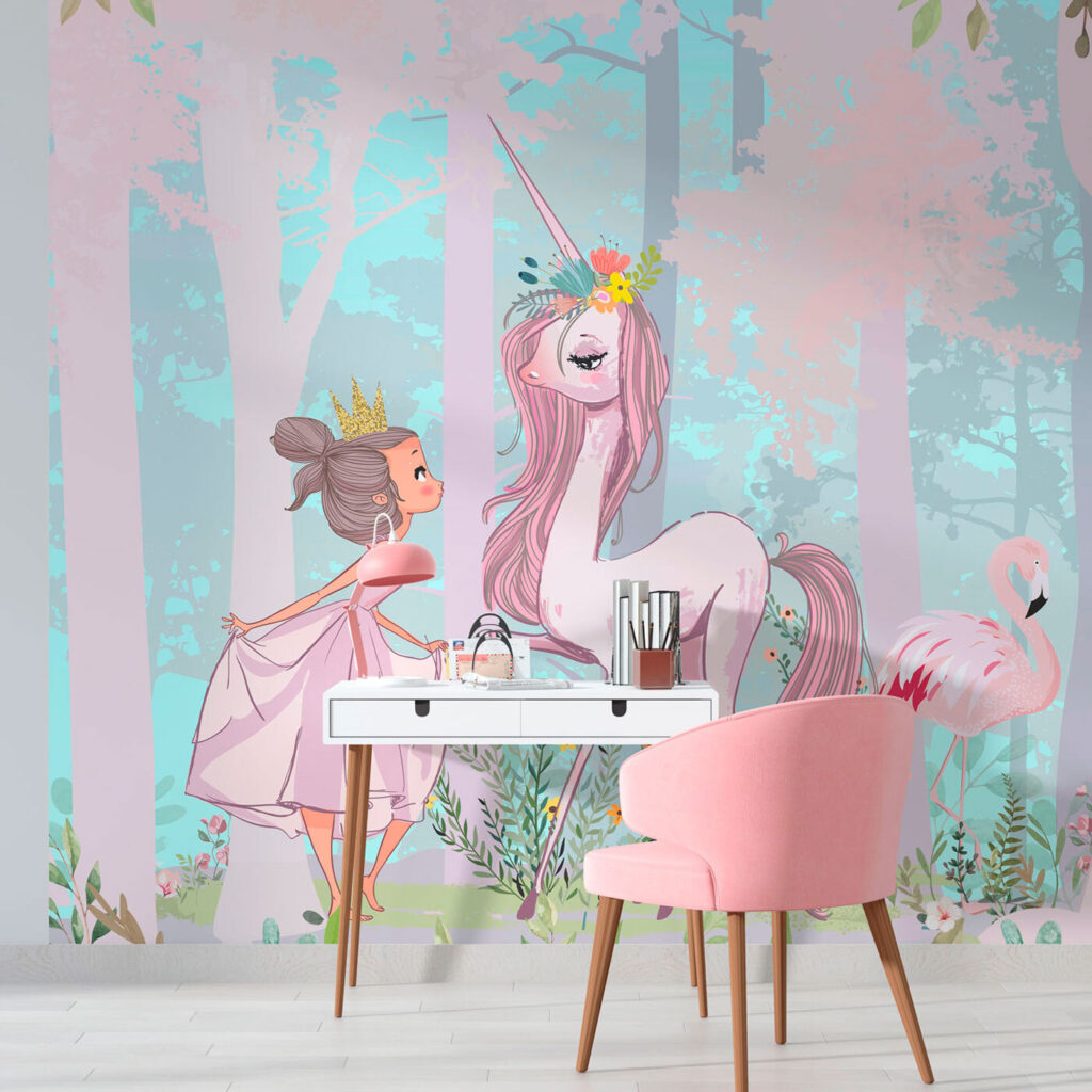 A cartoon of a girl and a unicorn in a forest A cartoon of a girl and a unicorn in a forest