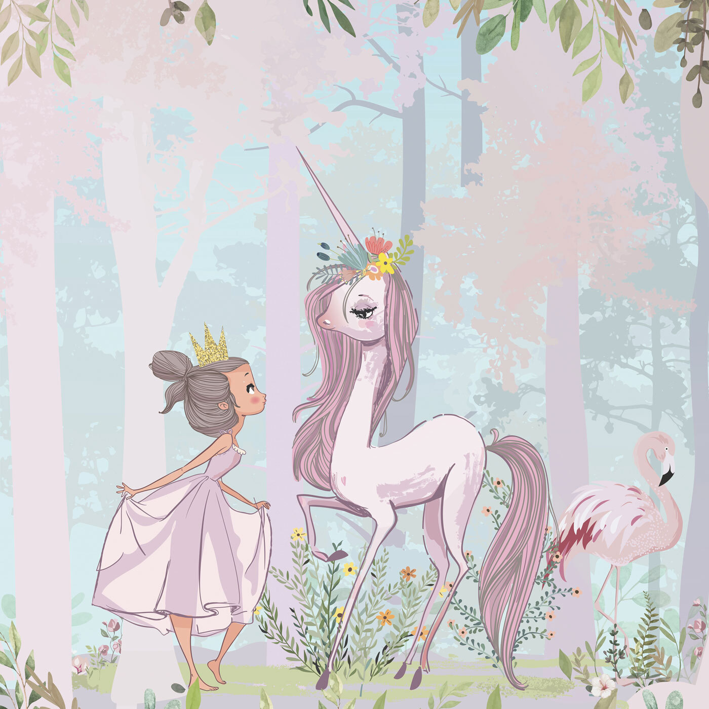 A cartoon of a girl and a unicorn in a forest A cartoon of a girl and a unicorn in a forest