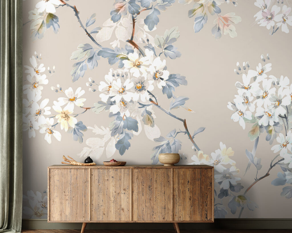 Floral pattern of white flowers and blue leaves Floral pattern of white flowers and blue leaves