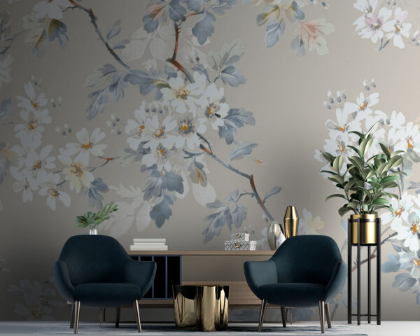 Floral pattern of white flowers and blue leaves Floral pattern of white flowers and blue leaves