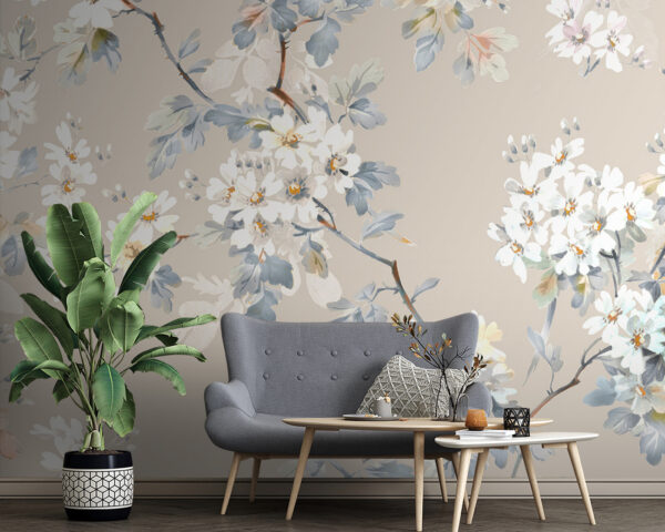 Floral pattern of white flowers and blue leaves Floral pattern of white flowers and blue leaves