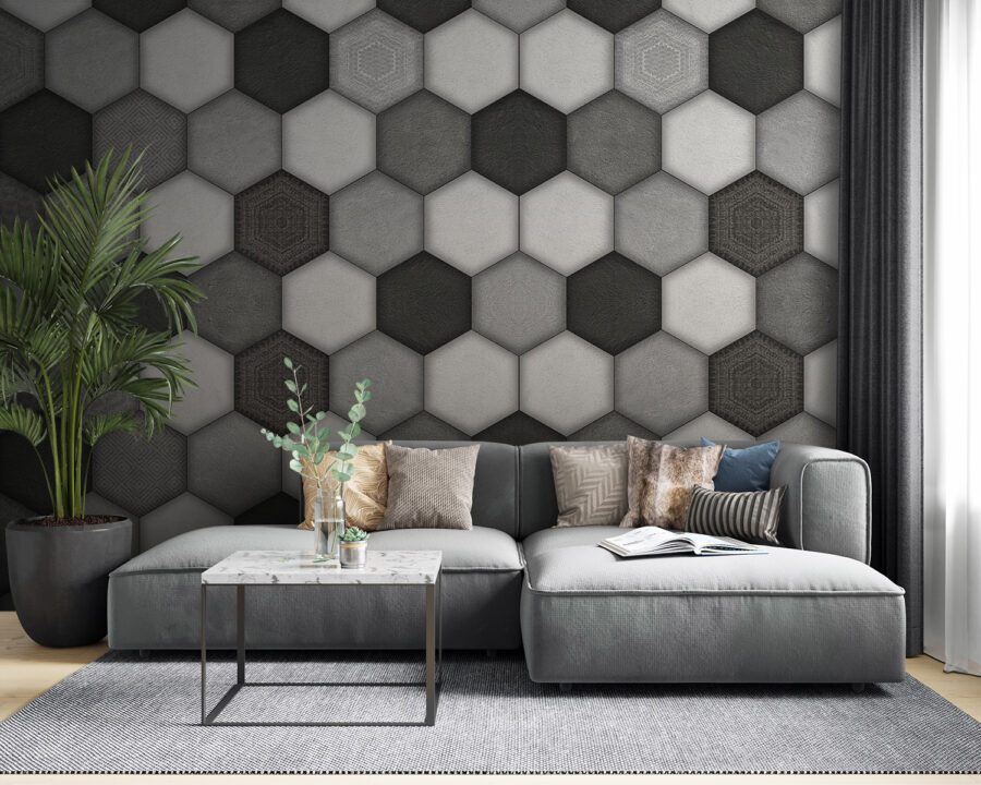 Fototapeta Geometrický šestiúhelníkový vzor ve stupních šedi. - Image 3