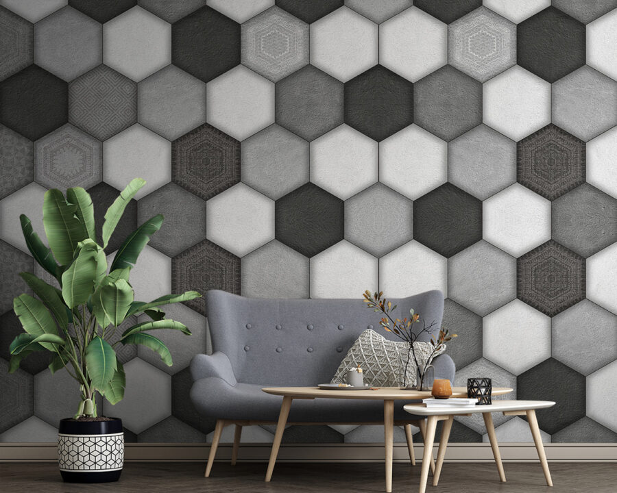 Fototapeta Geometrický šestiúhelníkový vzor ve stupních šedi. - Image 2