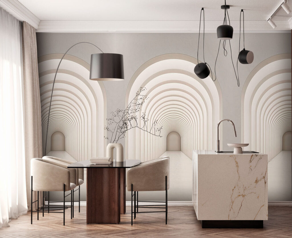 White hallway with arched windows White hallway with arched windows