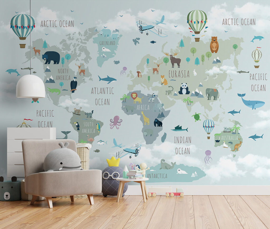Map of the world with animals and birds Map of the world with animals and birds