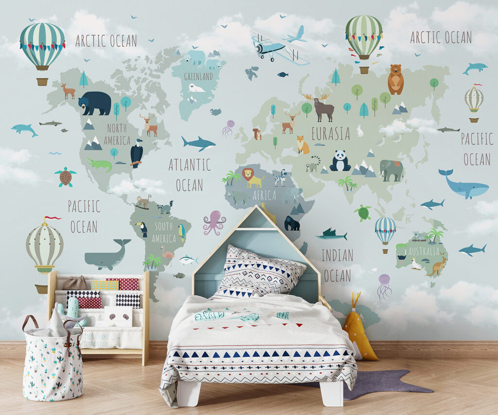 Map of the world with animals and birds Map of the world with animals and birds