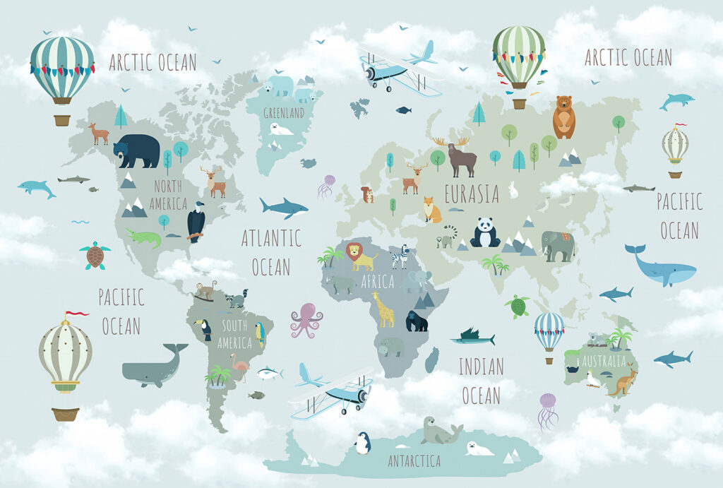 Mapa světa se zvířaty a ptáky Mapa světa se zvířaty a ptáky