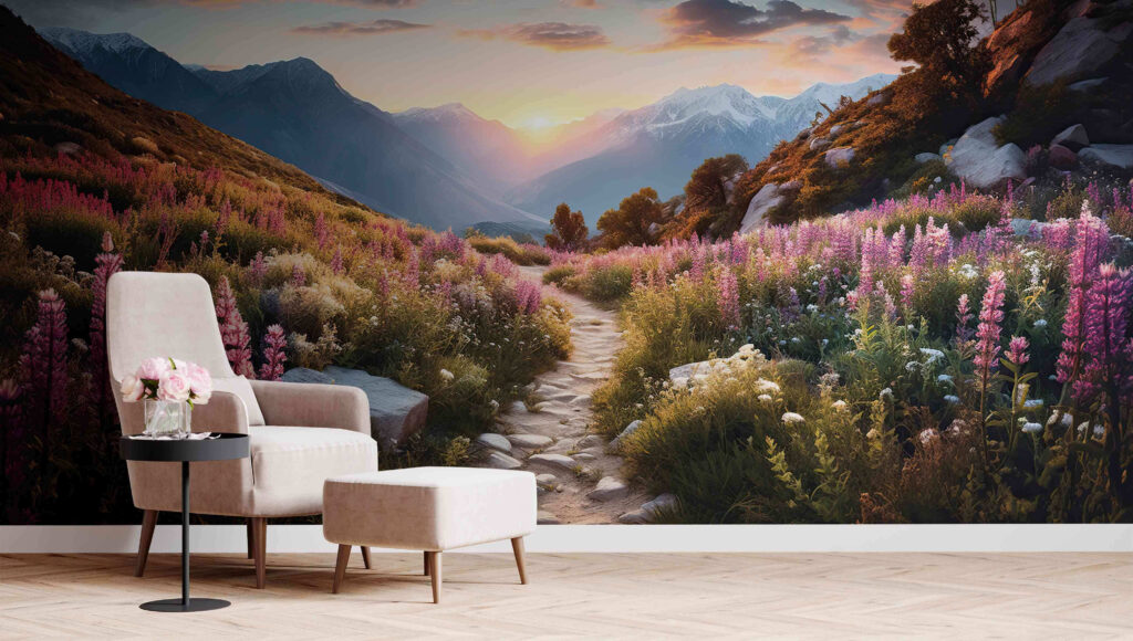 Path through a mountain with flowers Path through a mountain with flowers