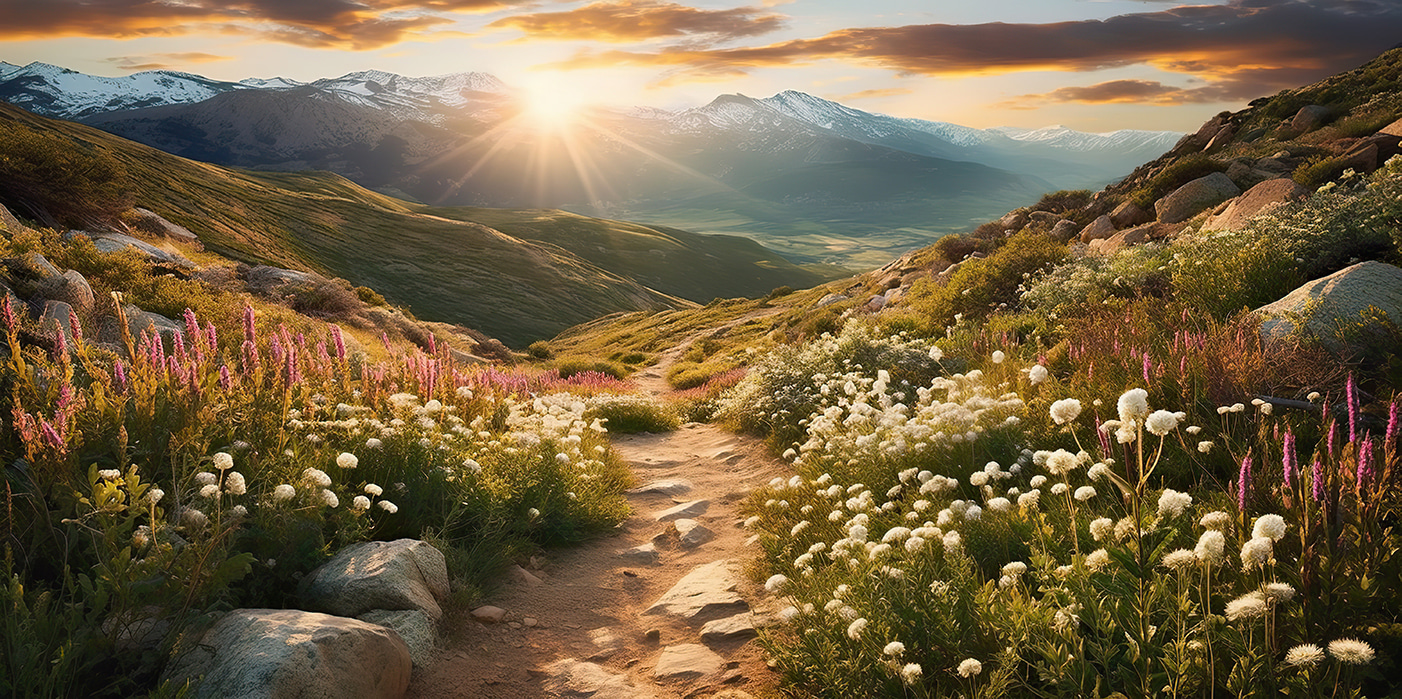 Path through a valley with flowers and mountains in the background