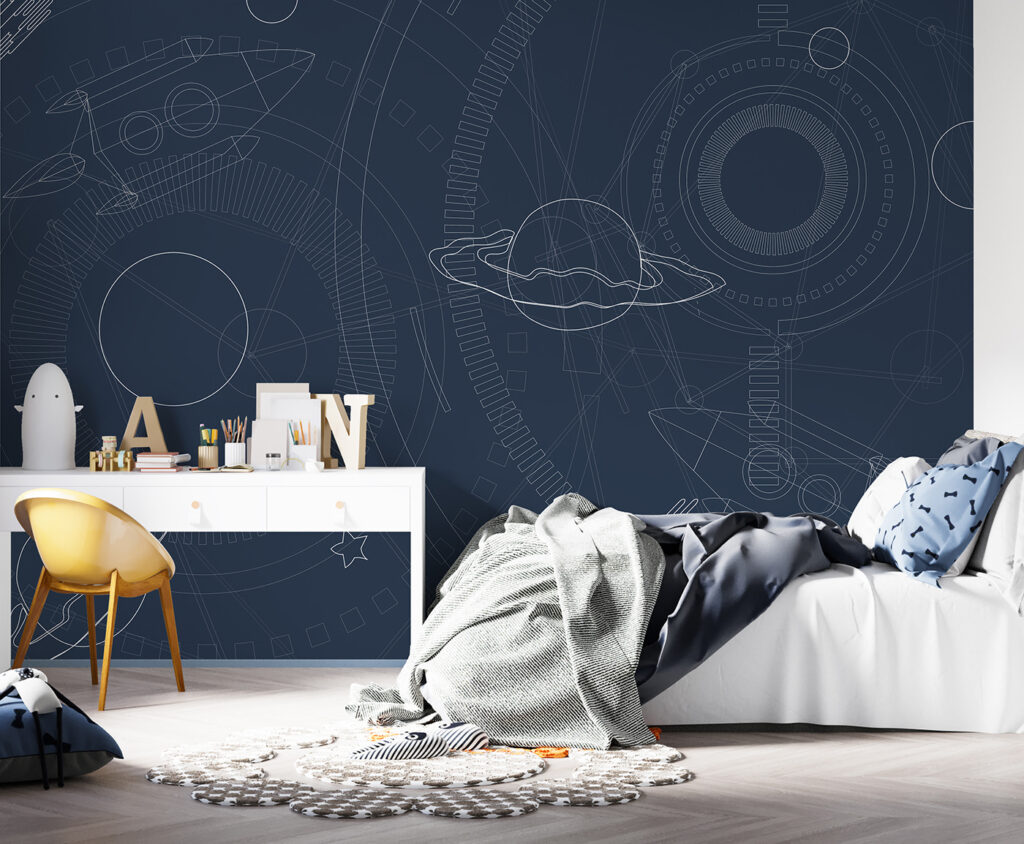 Blue and white background with planets and stars