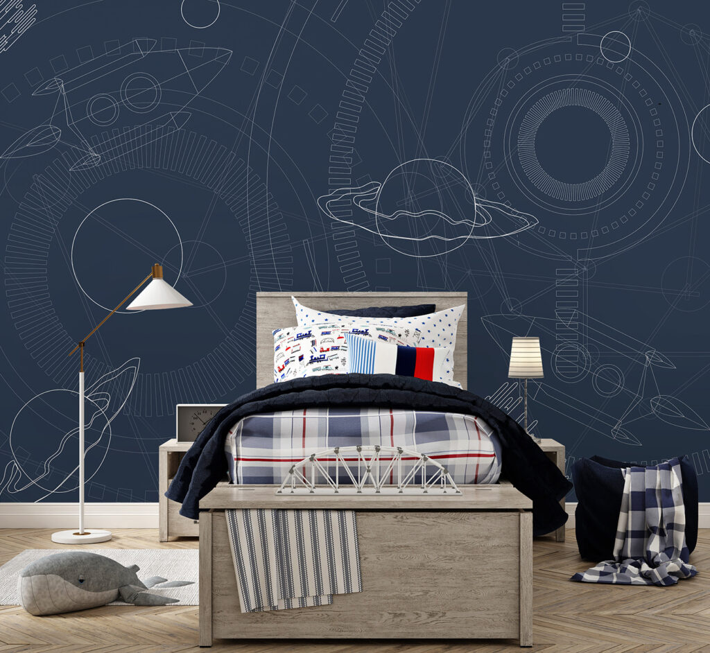 Blue and white background with planets and stars