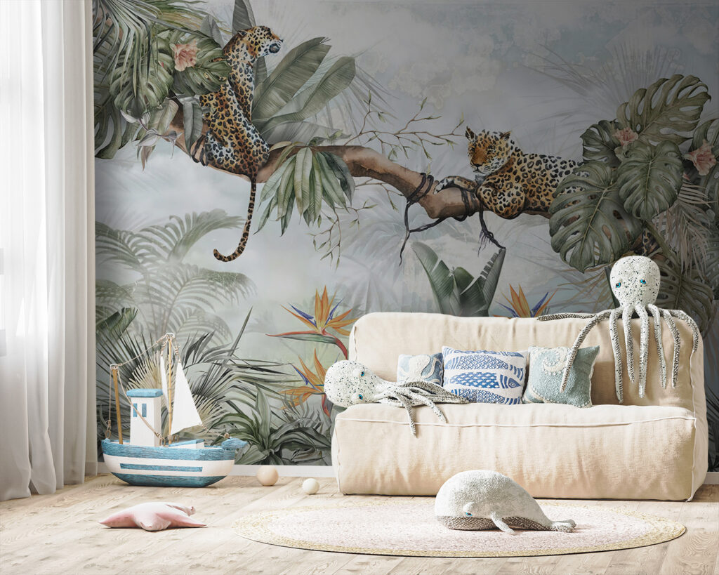 Painting of a group of cheetahs on a tree branch Painting of a group of cheetahs on a tree branch