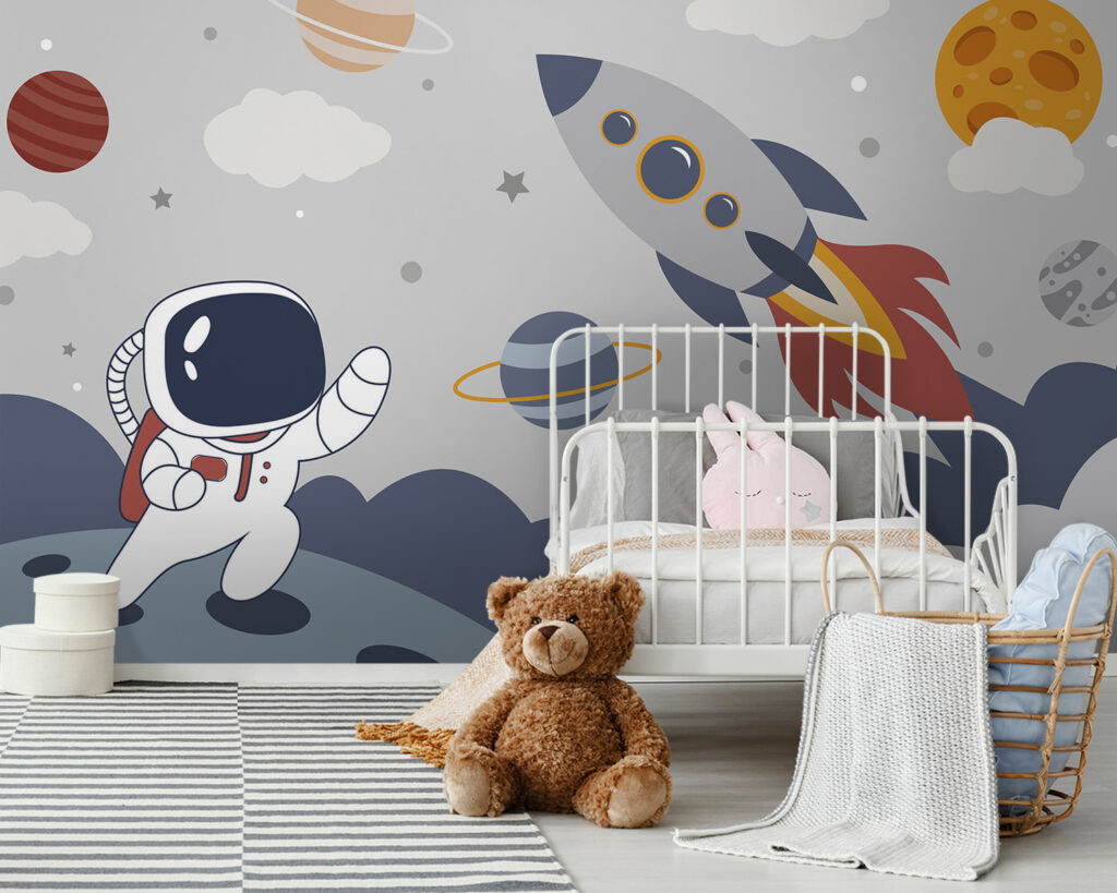 Cartoon an astronaut walking on a planet with a rocket in the sky Cartoon an astronaut walking on a planet with a rocket in the sky