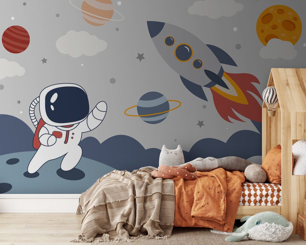Cartoon an astronaut walking on a planet with a rocket in the sky Cartoon an astronaut walking on a planet with a rocket in the sky
