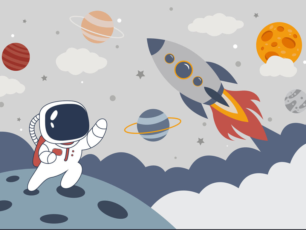 Kreslený film astronauta kráčejícího po planetě s raketou na obloze Kreslený film astronauta kráčejícího po planetě s raketou na obloze