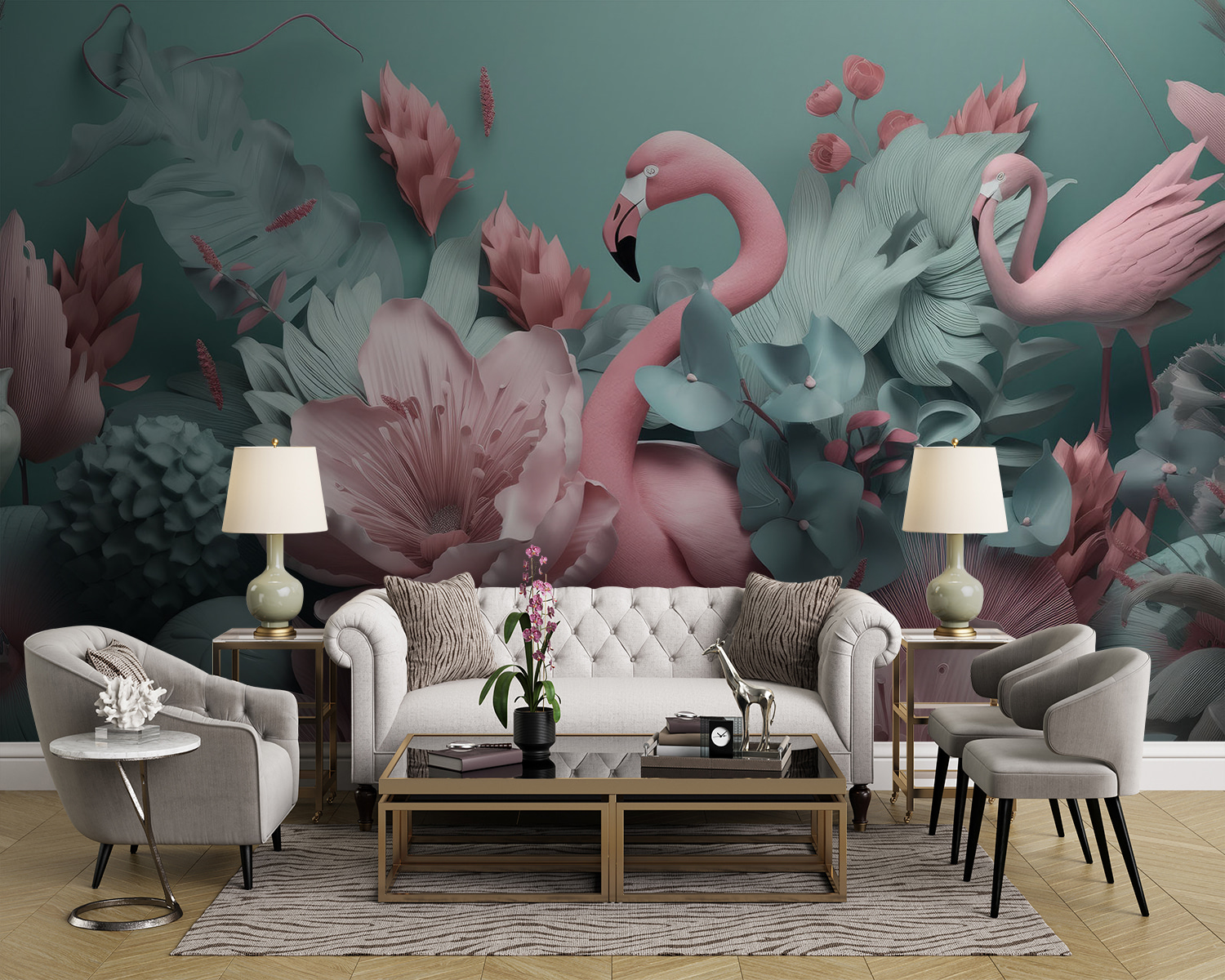 Pink flamingo surrounded by flowers Pink flamingo surrounded by flowers