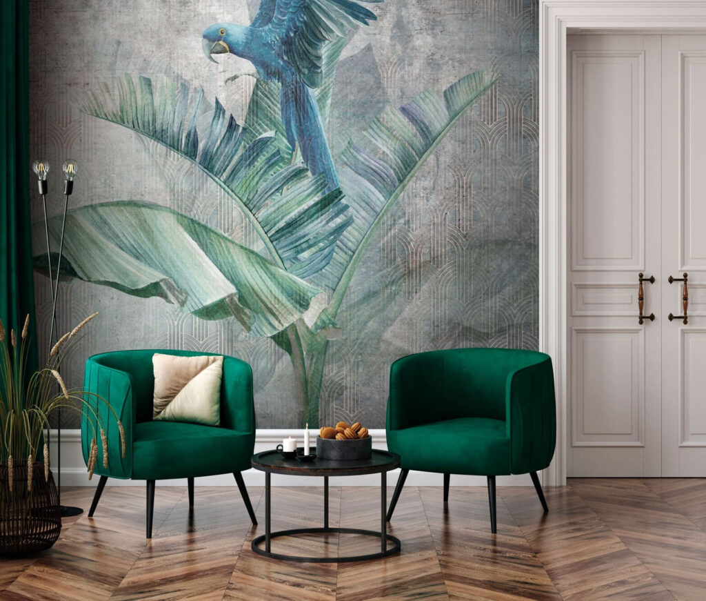 Blue parrot on a banana leaf