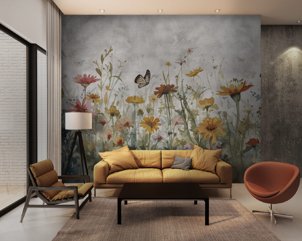 Butterfly flying over a flower field