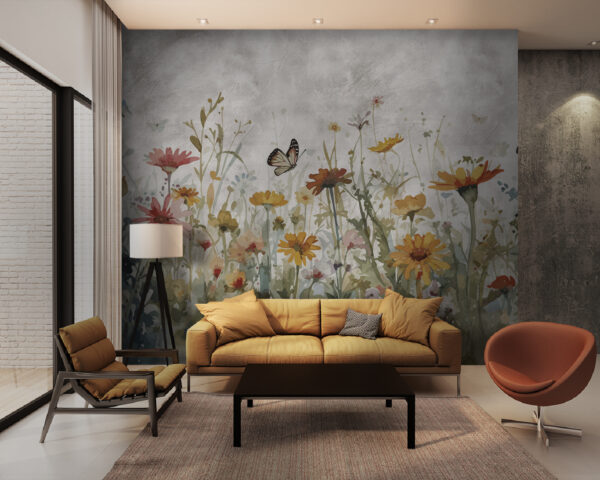 Butterfly flying over a flower field