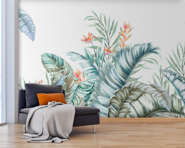 Tropické listy s živými květy. Fototapeta Tropické listy s živými květy.