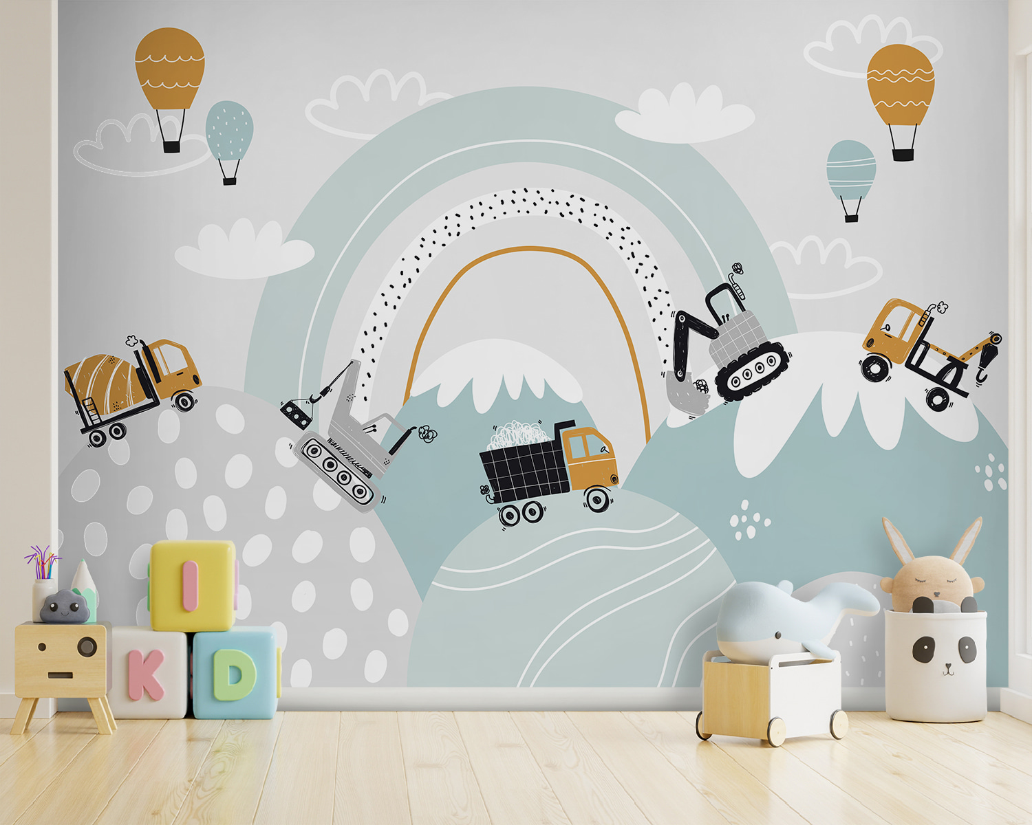 Cartoon of vehicles and a rainbow Cartoon of vehicles and a rainbow