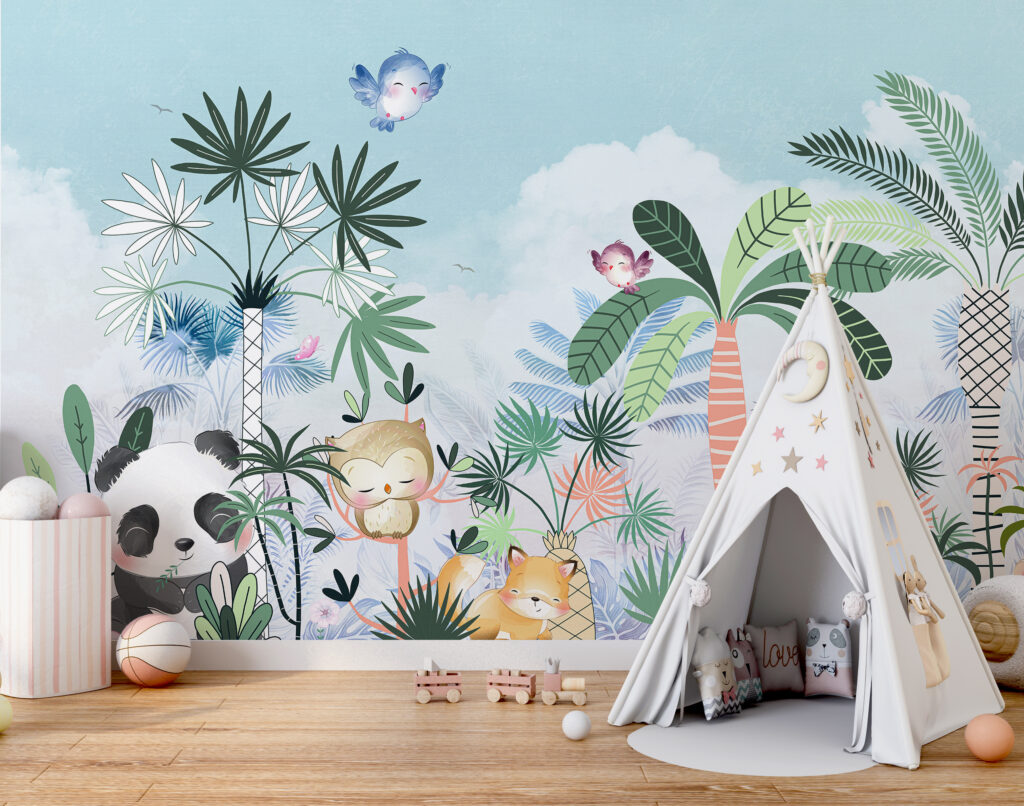 Cartoon of animals and birds in a forest