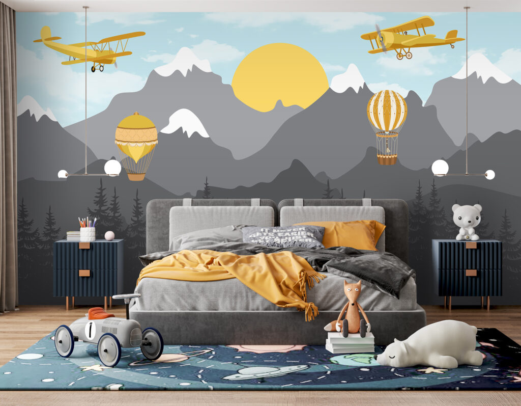 Yellow airplane flying over mountains Yellow airplane flying over mountains