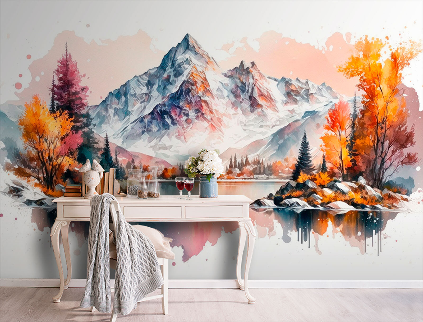 Watercolor painting of a mountain and a lake