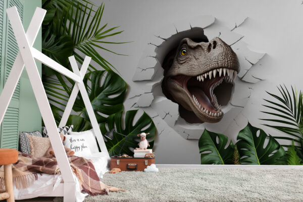 Dinosauří hlava vylézající z díry ve zdi Dinosauří hlava vylézající z díry ve zdi