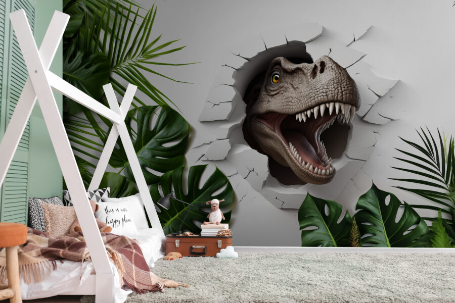 Dinosauří hlava vylézající z díry ve zdi Dinosauří hlava vylézající z díry ve zdi
