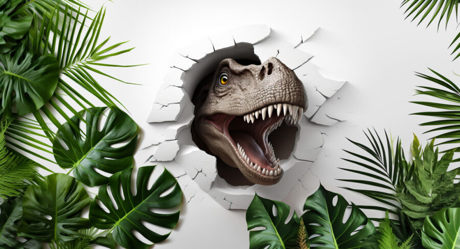Dinosauří hlava vylézající z díry ve zdi Dinosauří hlava vylézající z díry ve zdi