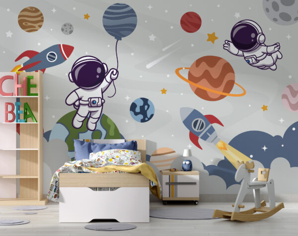 Kreslený astronaut ve vesmíru s planetami a raketou letící na obloze Kreslený astronaut ve vesmíru s planetami a raketou letící na obloze