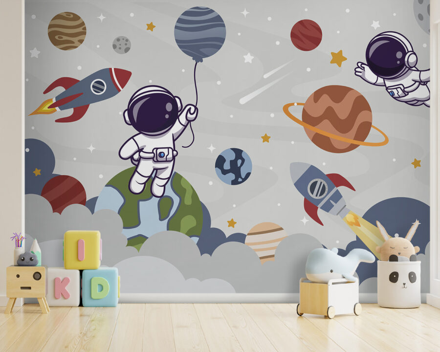 Kreslený astronaut ve vesmíru s planetami a raketou letící na obloze Kreslený astronaut ve vesmíru s planetami a raketou letící na obloze