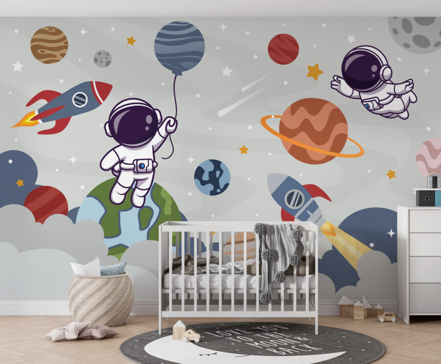 Kreslený astronaut ve vesmíru s planetami a raketou letící na obloze Kreslený astronaut ve vesmíru s planetami a raketou letící na obloze