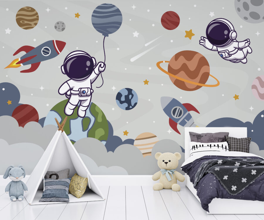 Kreslený astronaut ve vesmíru s planetami a raketou letící na obloze Kreslený astronaut ve vesmíru s planetami a raketou letící na obloze
