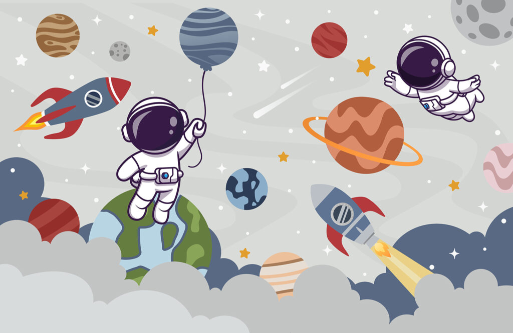 Kreslený astronaut ve vesmíru s planetami a raketou letící na obloze Kreslený astronaut ve vesmíru s planetami a raketou letící na obloze