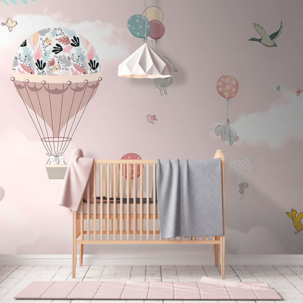 Hot air balloon with birds and animals