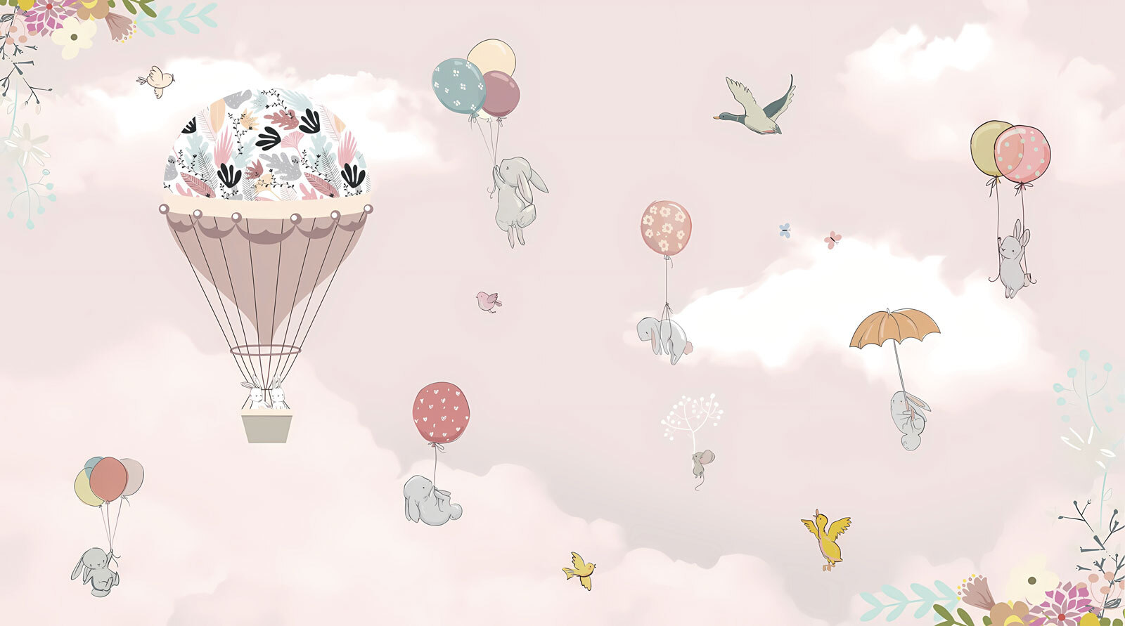 Hot air balloon with birds and animals