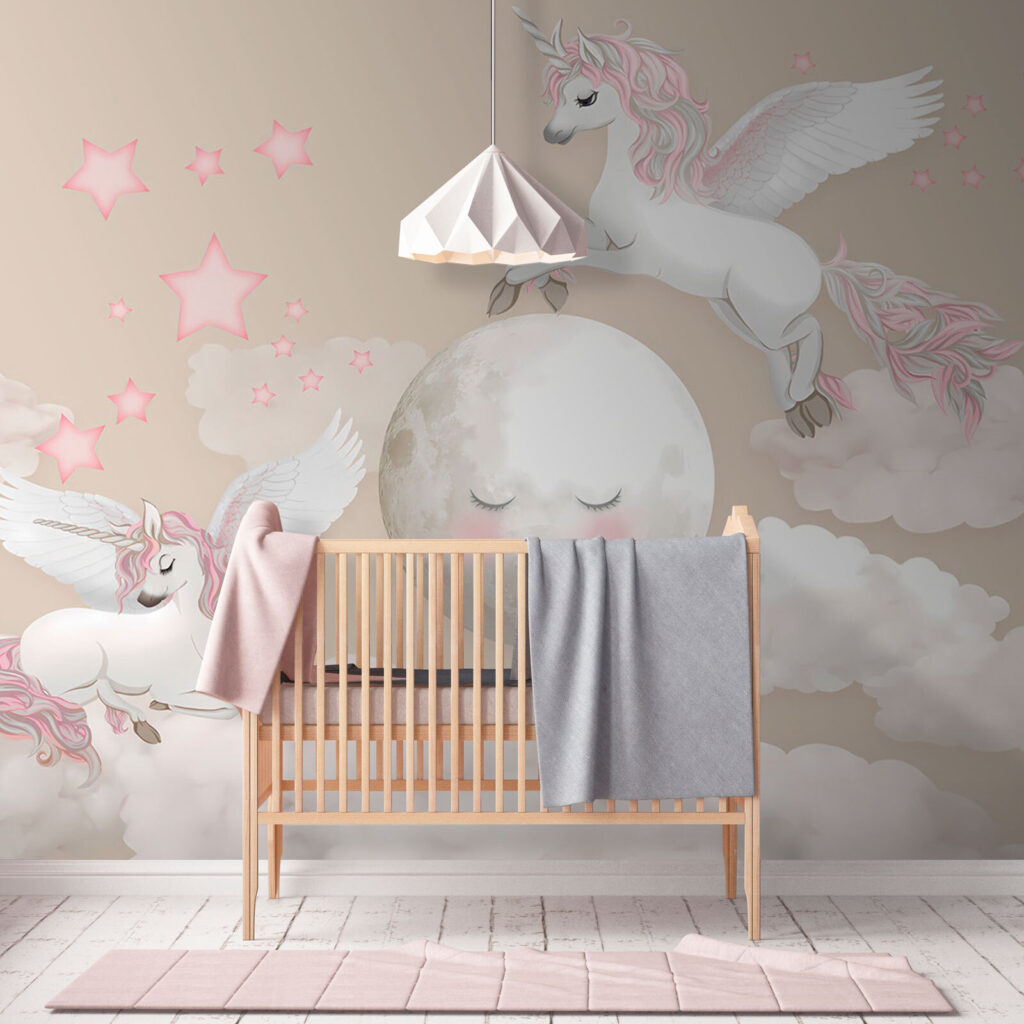 Group of unicorns flying on the moon Group of unicorns flying on the moon