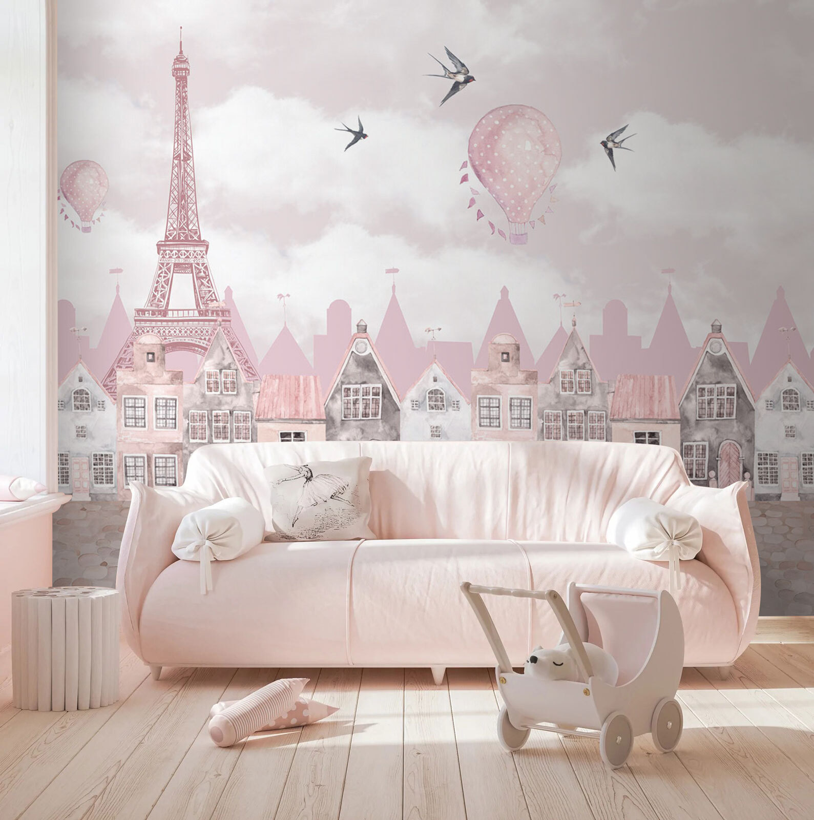 Pink and white cityscape with pink balloons and birds flying Pink and white cityscape with pink balloons and birds flying