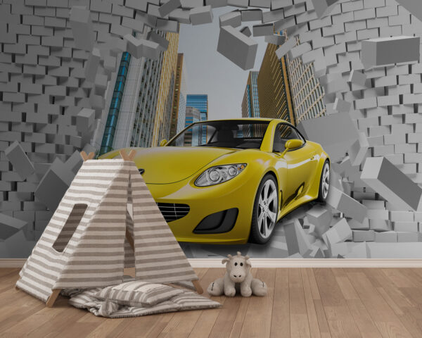 Žluté auto ve zdi z cihel Žluté auto ve zdi z cihel