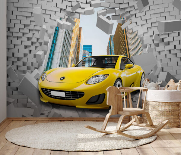 Žluté auto ve zdi z cihel Žluté auto ve zdi z cihel