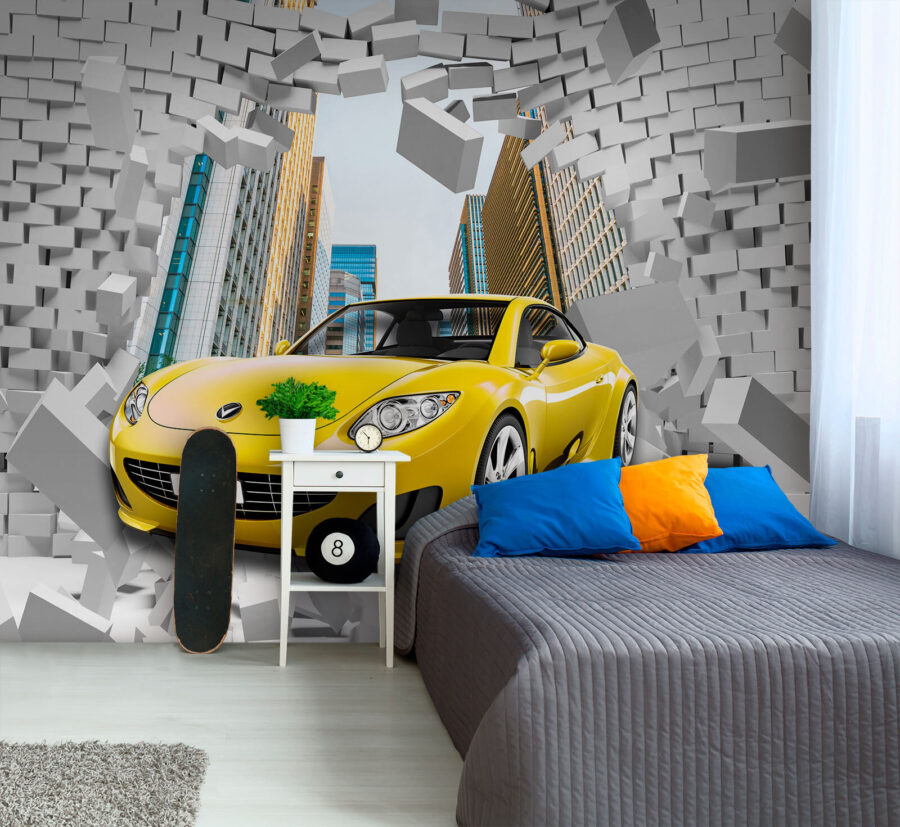 Žluté auto ve zdi z cihel Žluté auto ve zdi z cihel