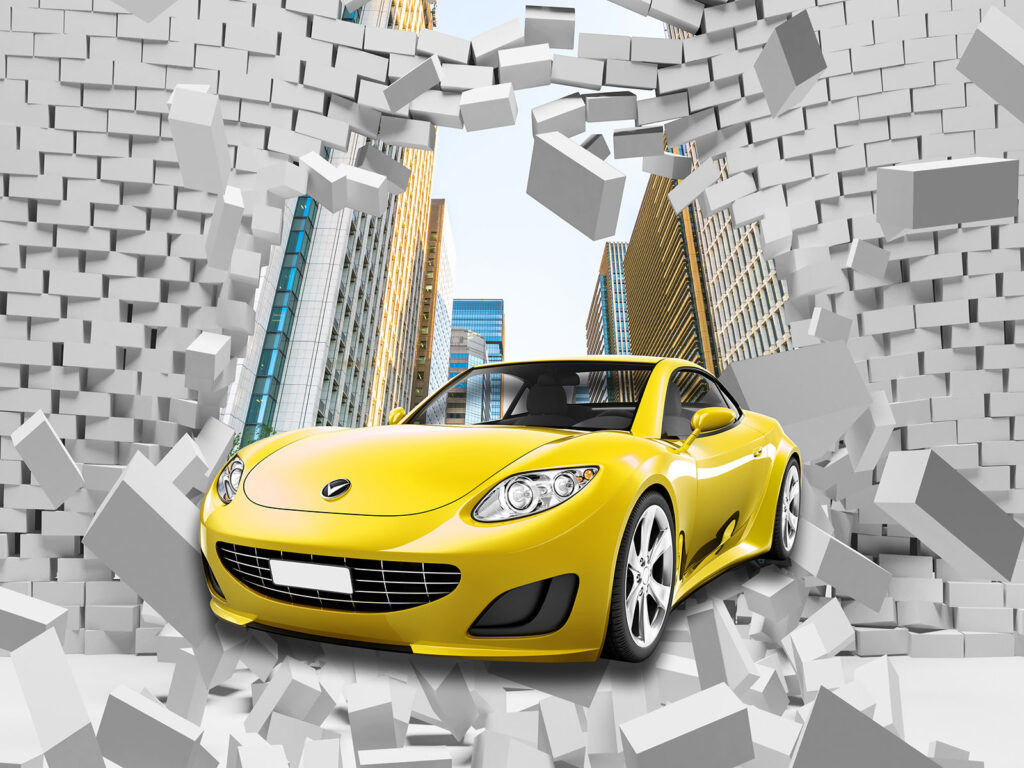 Žluté auto ve zdi z cihel Žluté auto ve zdi z cihel